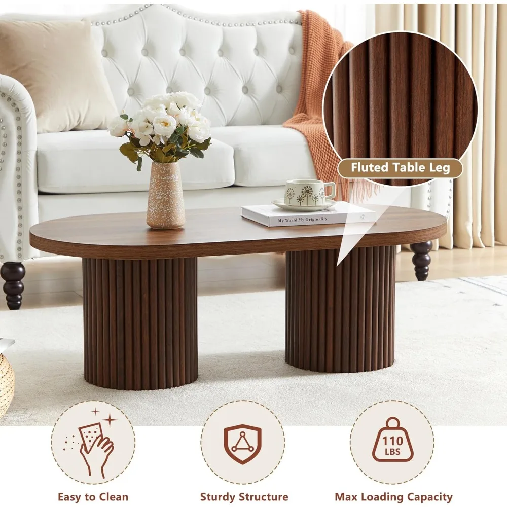 طاولة قهوة بيضاوية الفلوت، طاولة قهوة خشبية للمزرعة، طاولة مركزية حديثة من القرون الوسطى، طاولة غرفة المعيشة البوهيمية