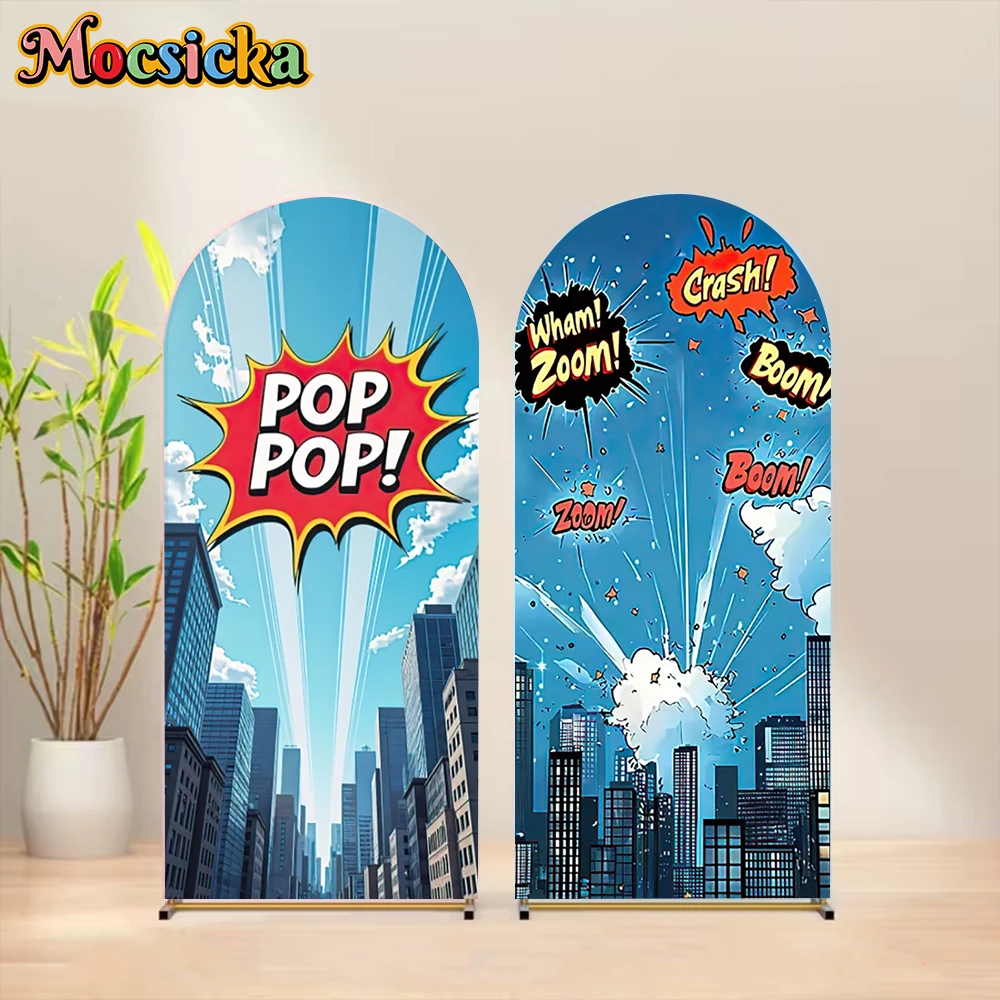 

Mocsicka Arch Art City Skyscraper Photography Backdrops POP Comic Blue Sky Photo Backgrounds Boys Birthday Party Portrait Decors