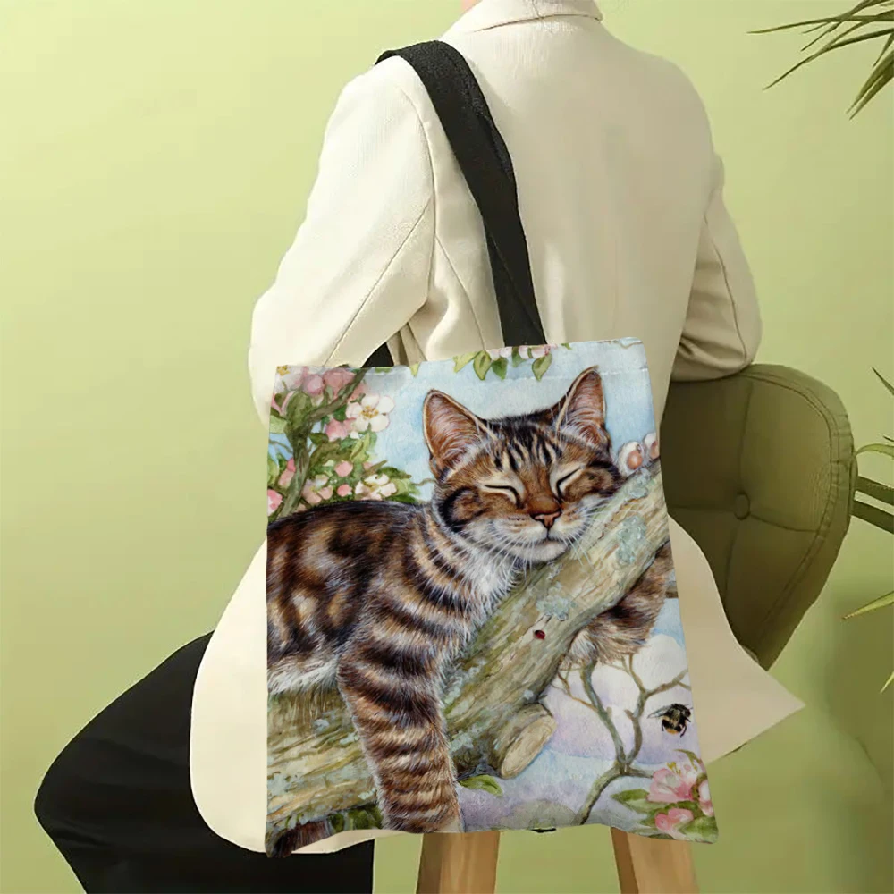 Large Capacity Tote Bag With Cat Print, Reusable Shoulder Shopping Beach Bag For Women, Durable Casual Carryall