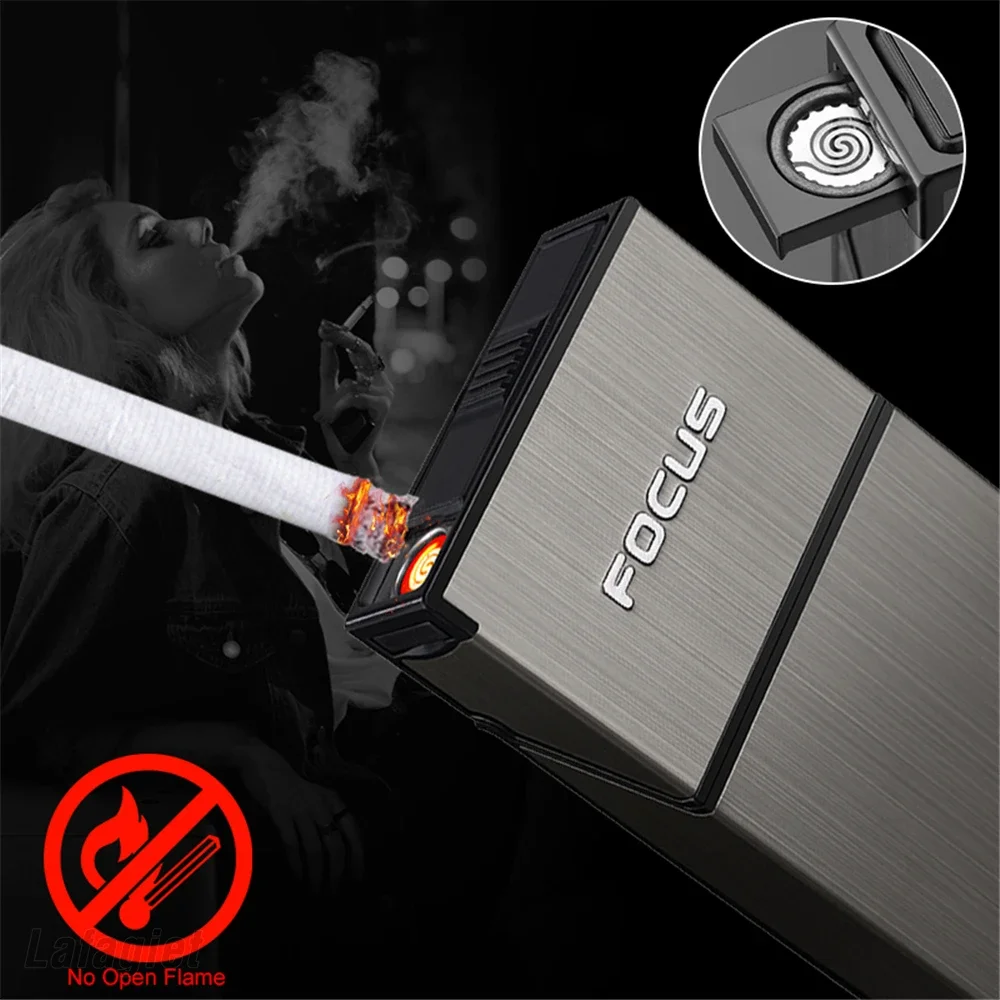 Long Cigarette Case USB Charging Lighter 20Pcs Capacity Metal Cigarette Box Tobacco Holder Replaceable Wire Windproof Lighter