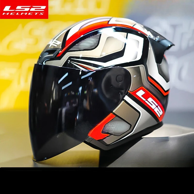 LS2 Motorcycle Helmet 3/4 Open Face Helmet Electric Power Assisted Vehicle Large Tail Wing Men's and Women's OF608