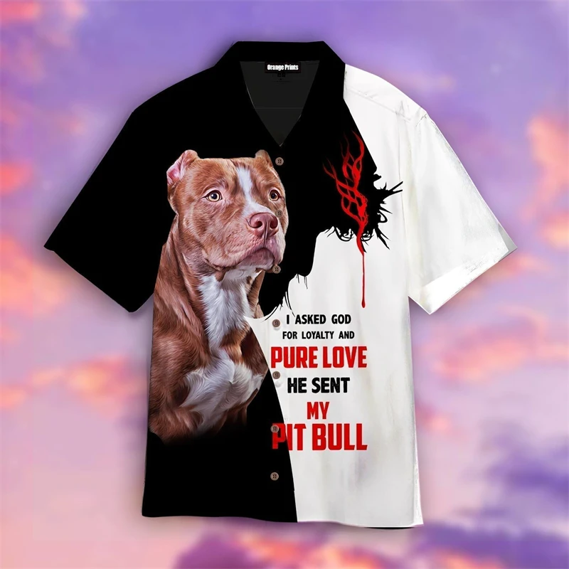 Cão Pitbull 3D masculino camisa havaiana, Animel praia camisa extragrande, roupas de manga curta, moda, verão Sale