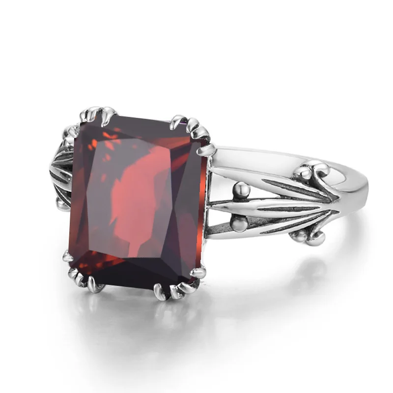 Vintage Garnet Rings For Women 925 Sterling Silver Square Gemstone Ring Anniversary Wedding Engagement Jewelry Wife Gift