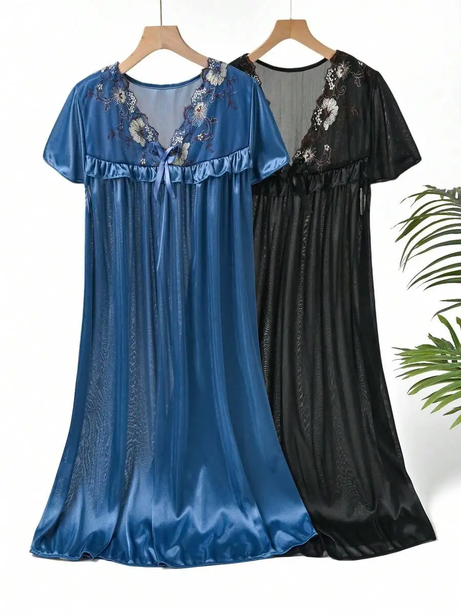 

Womens 2-Pack V-Neck Satin Nightgowns With Floral Embroidery And Bow Detail