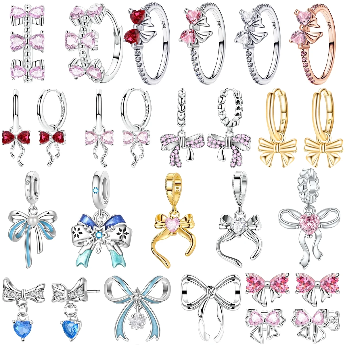 Original 925 Sterling Silver Charms Colorful Bow Set Earrings Ring Beads Pendant for Women Bracelets Necklaces DIY Jewelry Gift