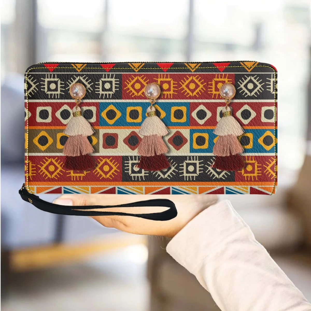 

Tribal Style Women Casual Clutch High Quality Business Card Holder Long Zipper Wallet Mini Funny PU Leather Wallet Female Gift