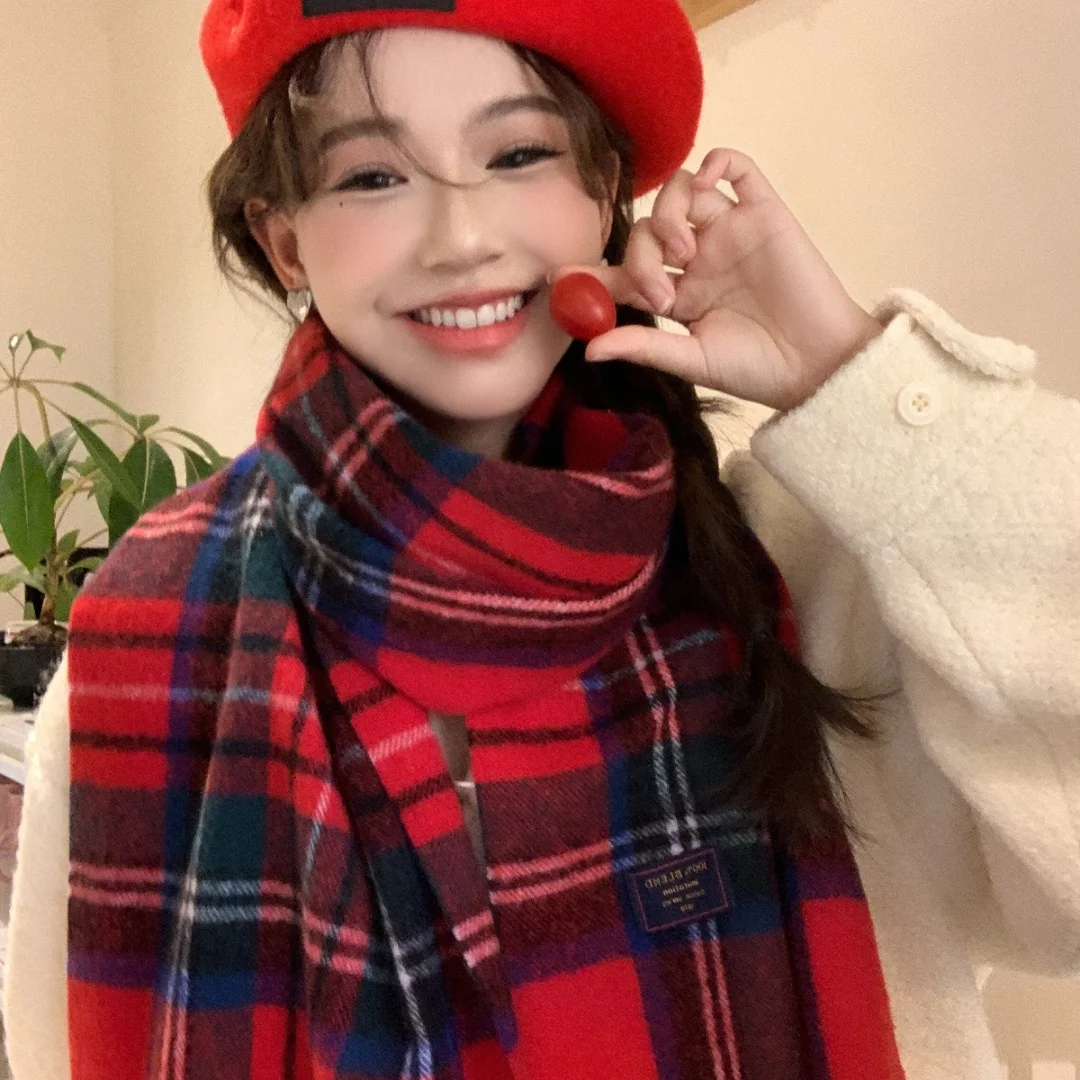 Christmas New Year\'s Gift Winter Keepwarm Scarf Fashion Lady Cold-proof Shawl Cashmere-like Plaid Scarf 2024 New