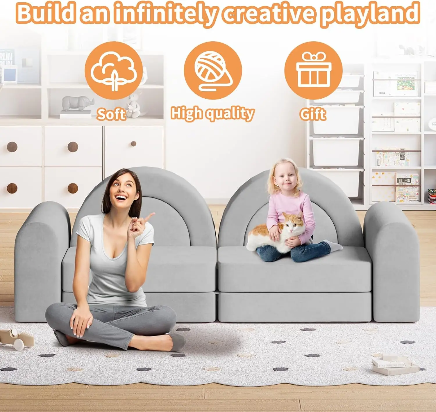 Modular Kids Play Couch, 10pcs Kids Play Couch for Playroom Bedroom, Convertible Modular Toddler Couch, Creative Kids Foam Sofa