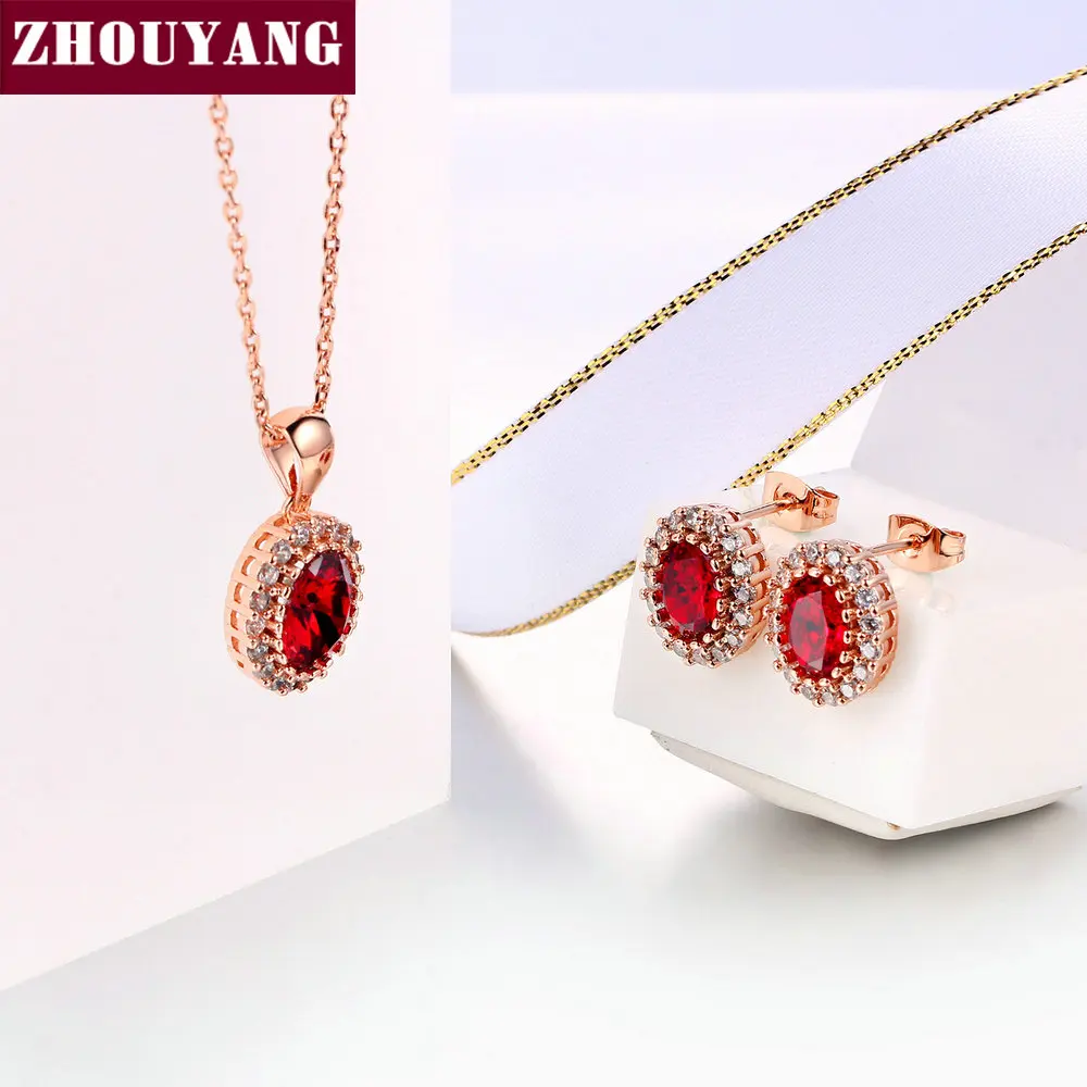 Red Crystal Necklace Earrings Jewelry Set For Women Simple Rose Gold Color Oval Rhinestone Accessories Wholesale Girl Gift S213