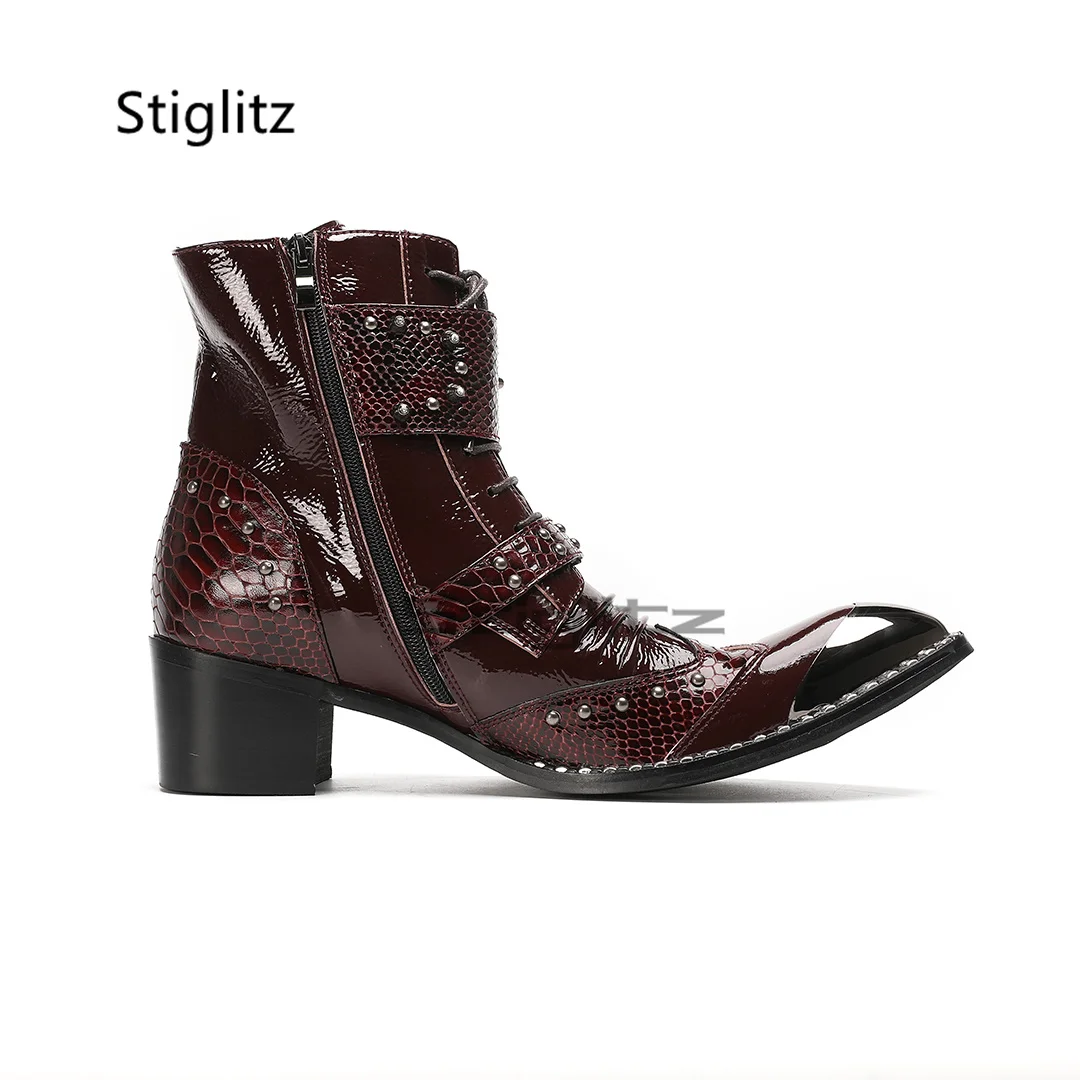 

Бордовые мужские ботинки челси из лакированной кожи с заклепками в стиле панк, ботильоны на высоком каблуке с металлической пряжкой и острым носком, мужская деловая обувь