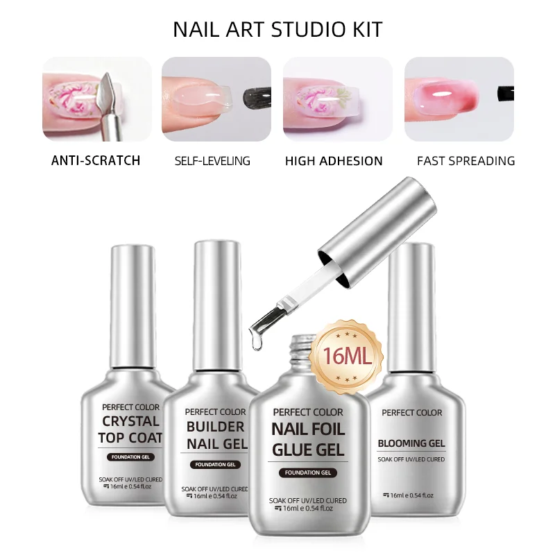 PERFECT COLOR Nail Art Studio Kit, Foil Transfer Gel, Blooming Gel, Builder Gel, Crystal Top Coat Set, UV LED Cure Soak Off