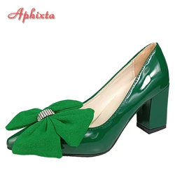 Aphixta 2022 Autumn Rhinestone Bow 7cm Chunky Heels Pumps Women Shoes Pointed Toe Crystals Appliques Butterfly-knot Flower Pumps