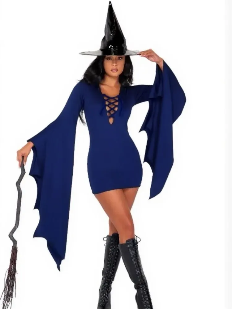 Abiti da festa neri di Halloween Abito corto sottile con maniche a pipistrello allungate a V profondo per donne adulte Purim Cos Party Wizards Fancy Dress