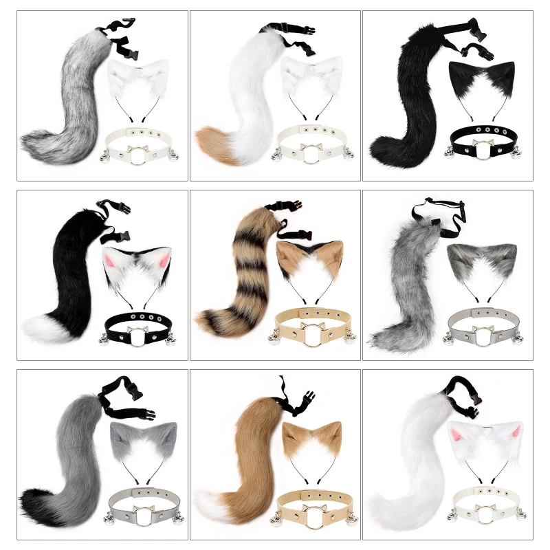 Fluffy for CAT Ears Hair Hoop Bell Leather Collar Animal Tail Set Cosplay Costum Drop Shipping