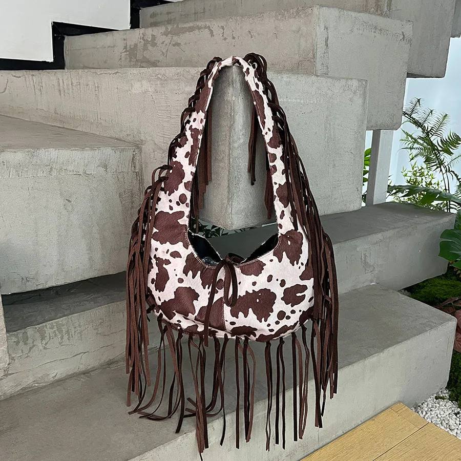 

Осень 2022, сумки на плечо с принтом молочного холста, большие вместительные лоскутные сумки-тоут с кисточками для путешествий, дорожные сумки