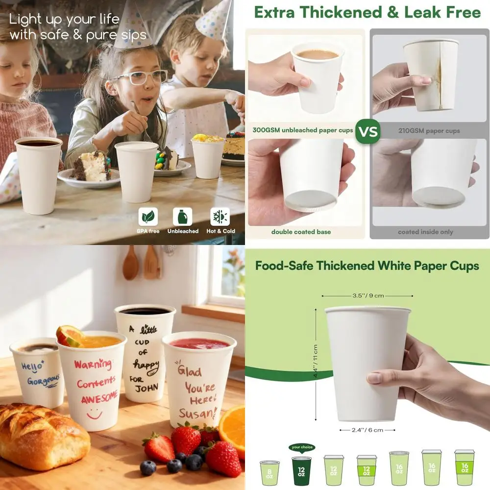 

Одноразовые белые бумажные стаканы для кофе, 12 унций, 500 штук, герметичные, толщина 300 г/м², без бисфенола-А, для дома и офиса