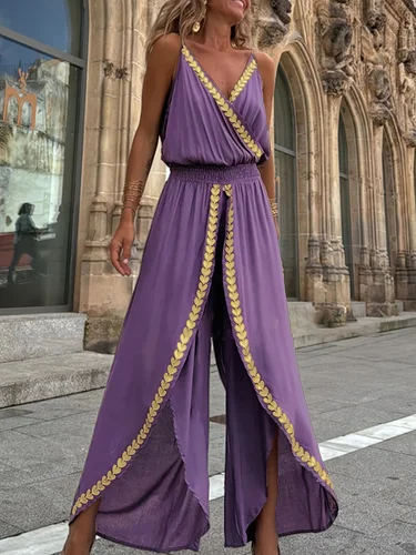 Mono morado para mujer, envoltura recortada, cuello en V, cintura alta, piernas divididas, ideal para vacaciones en la playa, pasillos nocturnos, estilos bohemios
