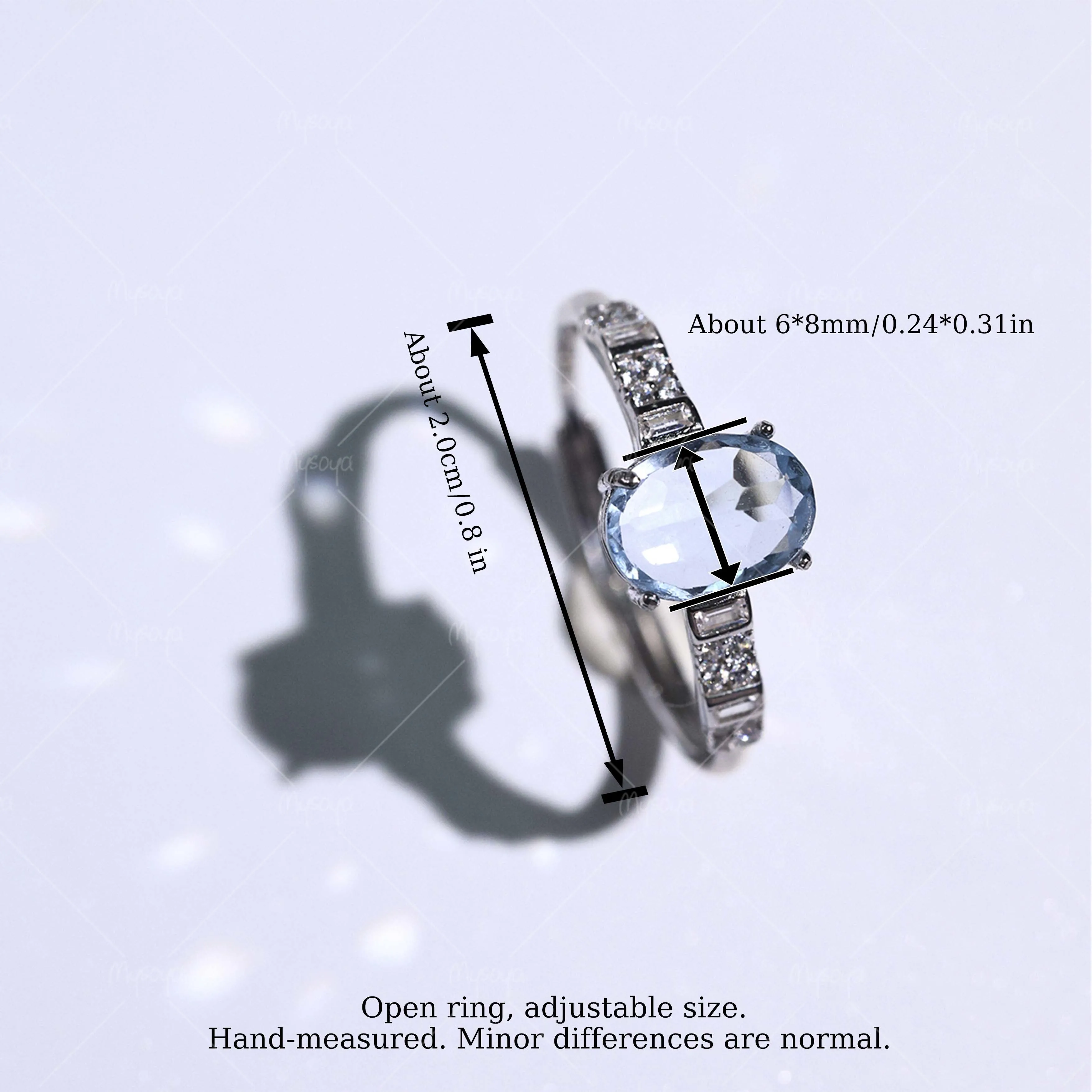 MYSOYA Simple Ring with Natural Sky Blue Topaz, 6×8mm Topaz 1.34ct, Gift Box Included, November Birthstone SC05