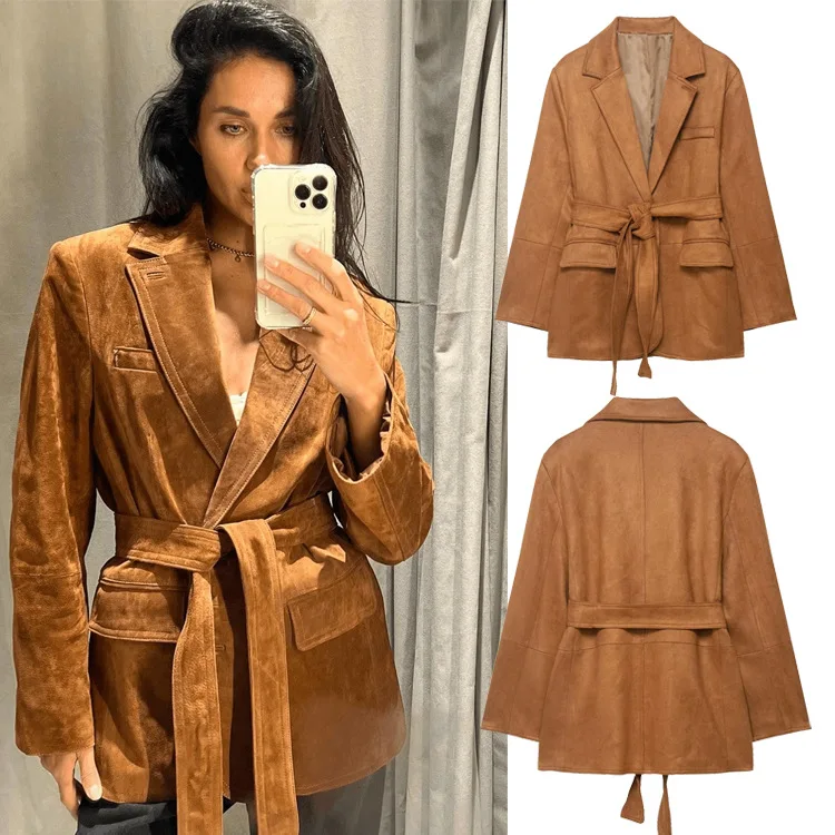 

Autumn Office Lady Sashes Chic Loose Chic Streetwear Outwear Long Sleeve Suede Jacket Belt Vintage Solid Elegant Woman Blazer