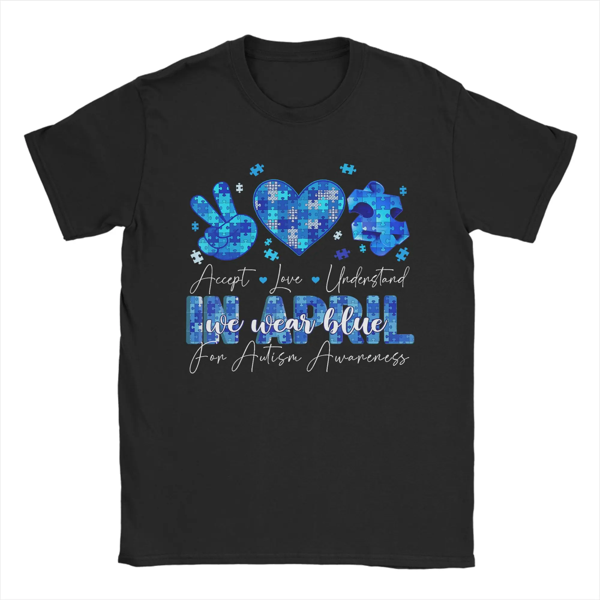 Men April We Wear Blue Autism Awareness T Shirt  100% Cotton Clothes Vintage Short Sleeve Round Collar Tee Shirt Party T-Shirt