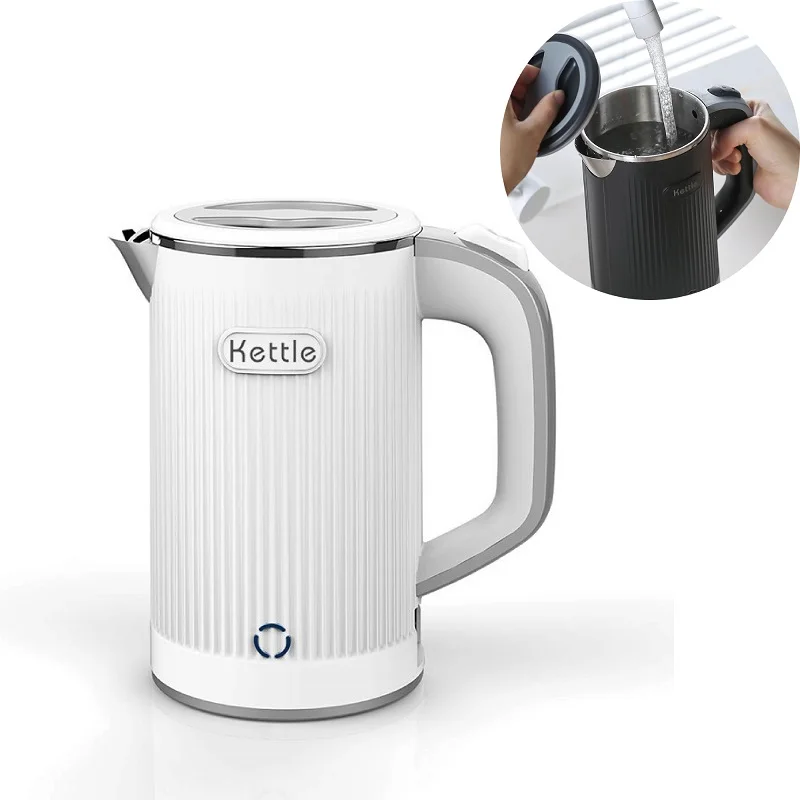 110V Portable Electric Kettle Double-layer 304 Stainless Steel Quick Water Boiler Travel Mini Kettle Automatic Power Off 800ml