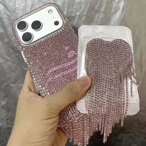 Full Bling Rhinestone Phone Case For iPhone 17 16 15 Pro Max Sparkly Crystal Heart Tassel Fringe Design Inlaid Shockproof Cover