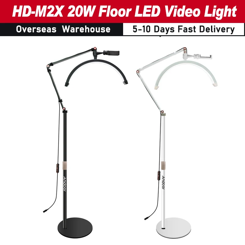 Andoer HD-M2X 20W Floor LED Video Light Half-moon Shaped Fill Light 3000K-6000K Dimmable w/ Adjustable Light Stand Phone Holder