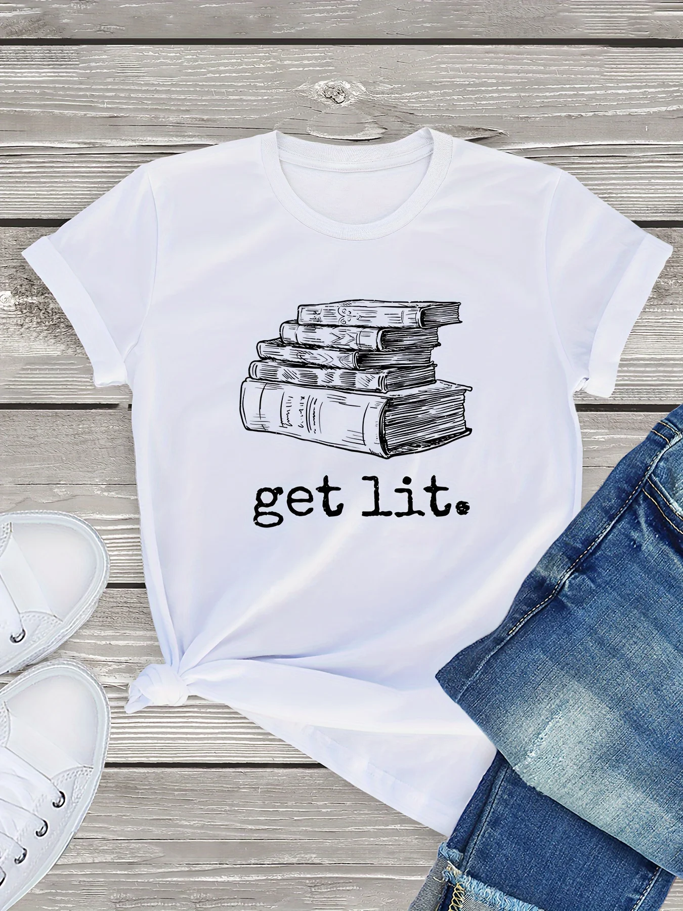 

Get Lit With Books Print T-shirt, Casual Round Neck Short Sleeve T-shirt, Women's Clothing
