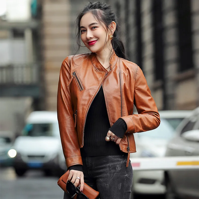 Veste de moto en cuir véritable pour femme, manteau en peau de mouton, vêtements de combinaison pour femme, printemps, automne, nouveau, 2023