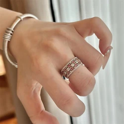 French Retro Pink Crystal Lace Hollow Adjustable Ring for Women Fashion Exquisite Knot Ring Jewelry Accessories Wholesale
