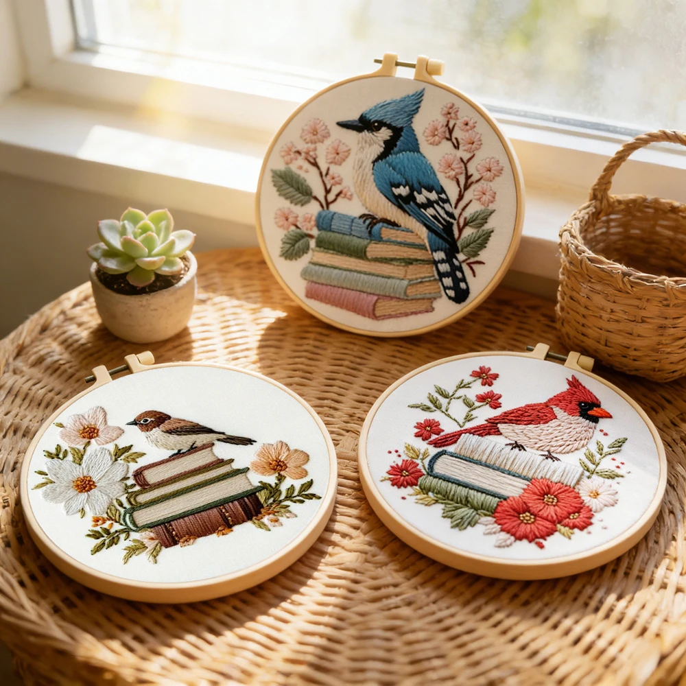 3-teiliges Stickerei-Set mit Vogelmotiv, DIY Kreuzstich Tier-Stempelmuster, Blumen-Kunstwerk, Nähzubehör für Anfänger, Heimdekoration
