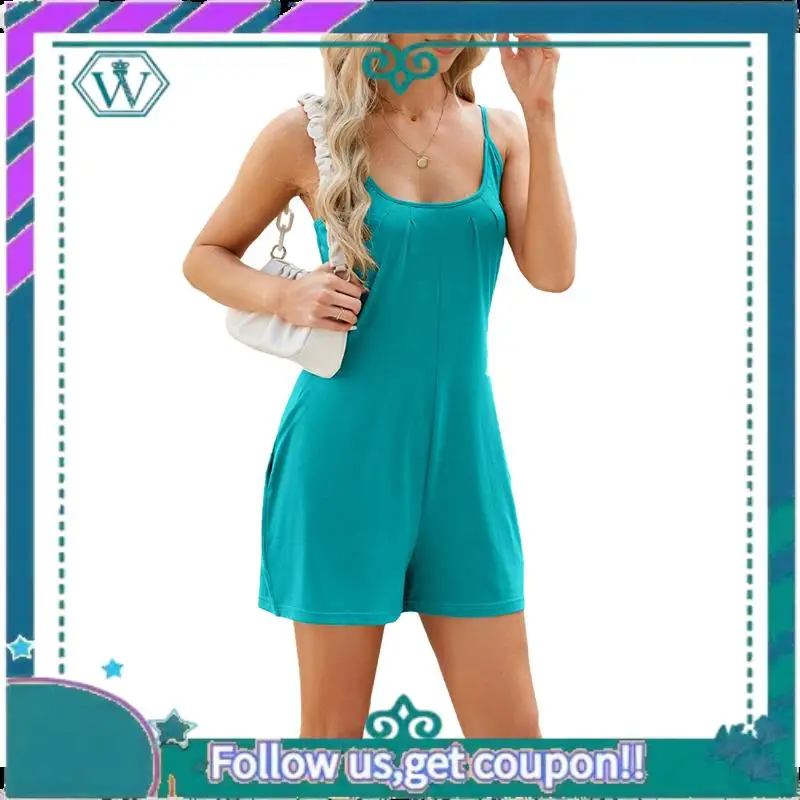 A09P женский летний комбинезон без рукавов, свободный регулируемый эластичный комбинезон на тонких бретельках с карманами