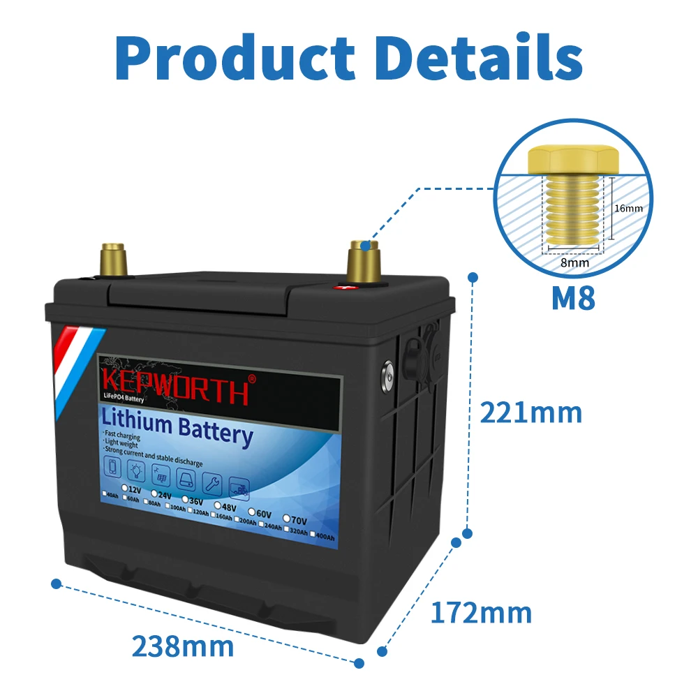 KEPWORTH 12V 40AH LiFePO4 Storage Battery Built-in Bluetooth BMS Lithium Power Batteries For RV Campers Golf Cart Etc