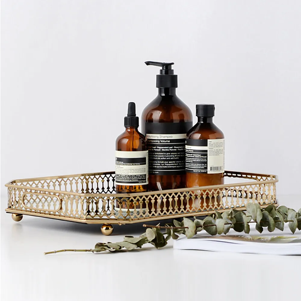 

Iron&Glass Serving Tray 2.97lbs Lightweight Hollow Handles 1.97in Raised Edge For Home Bathroom Dresser Storage Decoration