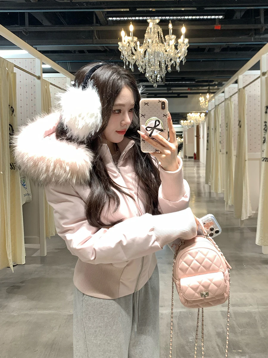 

Pink Fur Collar down Jaet Women's Winter Warm ort Sle Du down Coat Korean Sle Slim Fit High Waist Long Sve