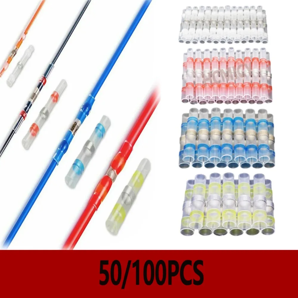 50/100 Pcs Heat Shrink Butt Crimp Terminals Waterproof Solder Seal Heat Connector Electrical Wire Car Insulated Terminal Kit