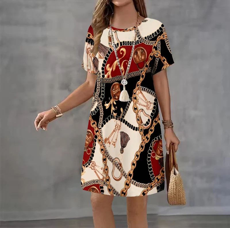 Fashion Chain Printed Round Neck Short Sleeved Pullover T-shirt Dress Women's Retro Ethnic Style Dress Vestidos Elegantes Robe