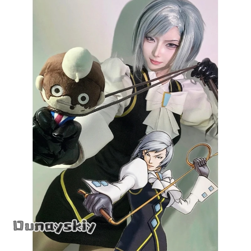 

Dunayskiy/Mei Anime Karumamad Game Cosplay Sexy Fashion Lawyer's Attire Mini Dress Black Vest Jirai Kei Stage Costume Wig