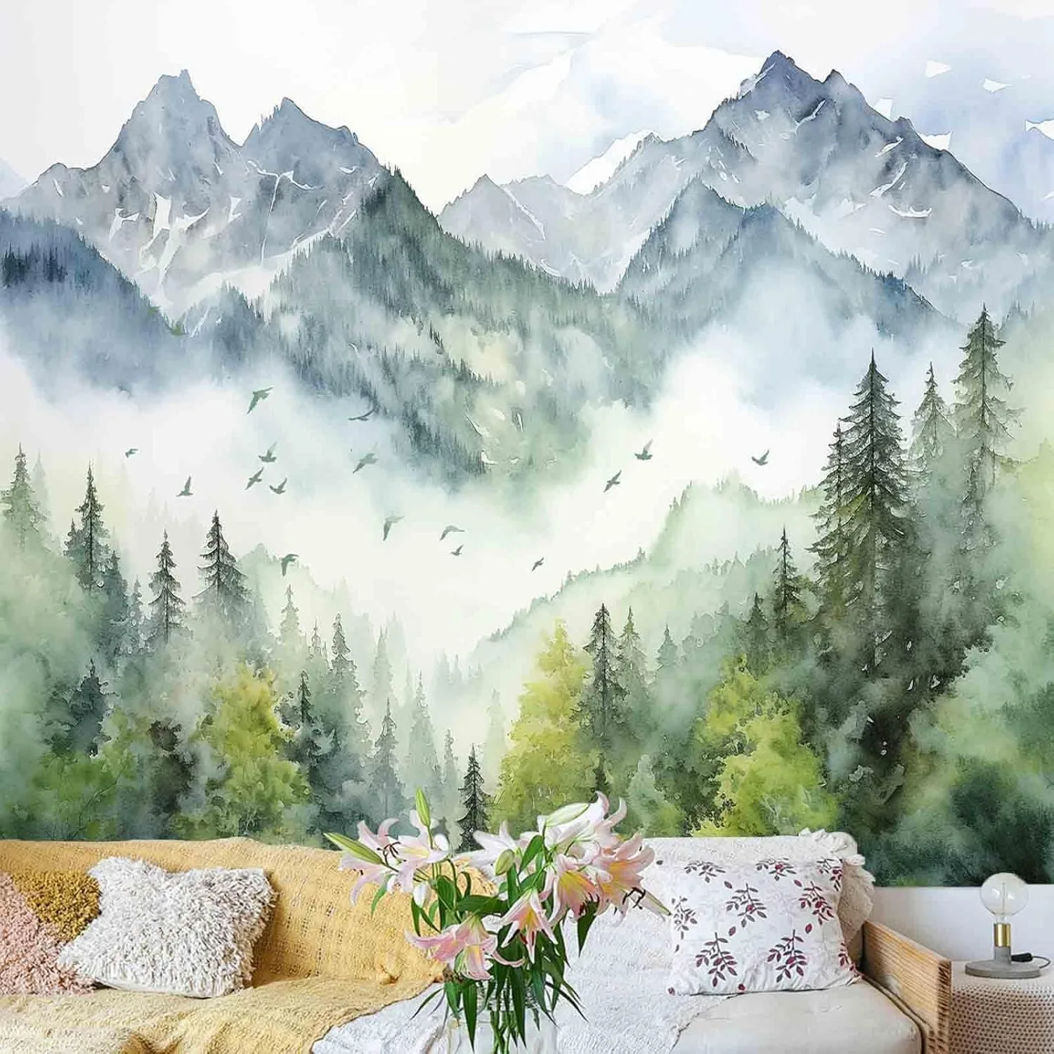Atrippy Forest Nature Wandteppich für Schlafzimmer, Green Misty Foggy Mountain Sage Trees Wandteppich
