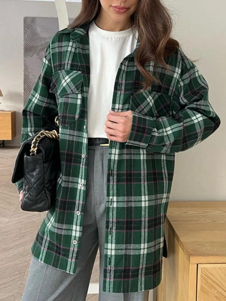 

Fashion Plaid Long Shirt For Women Retro Loose Turn-Down Collar Button Up Shirts 2025 New Spring Casual Oversized Blouse Tops