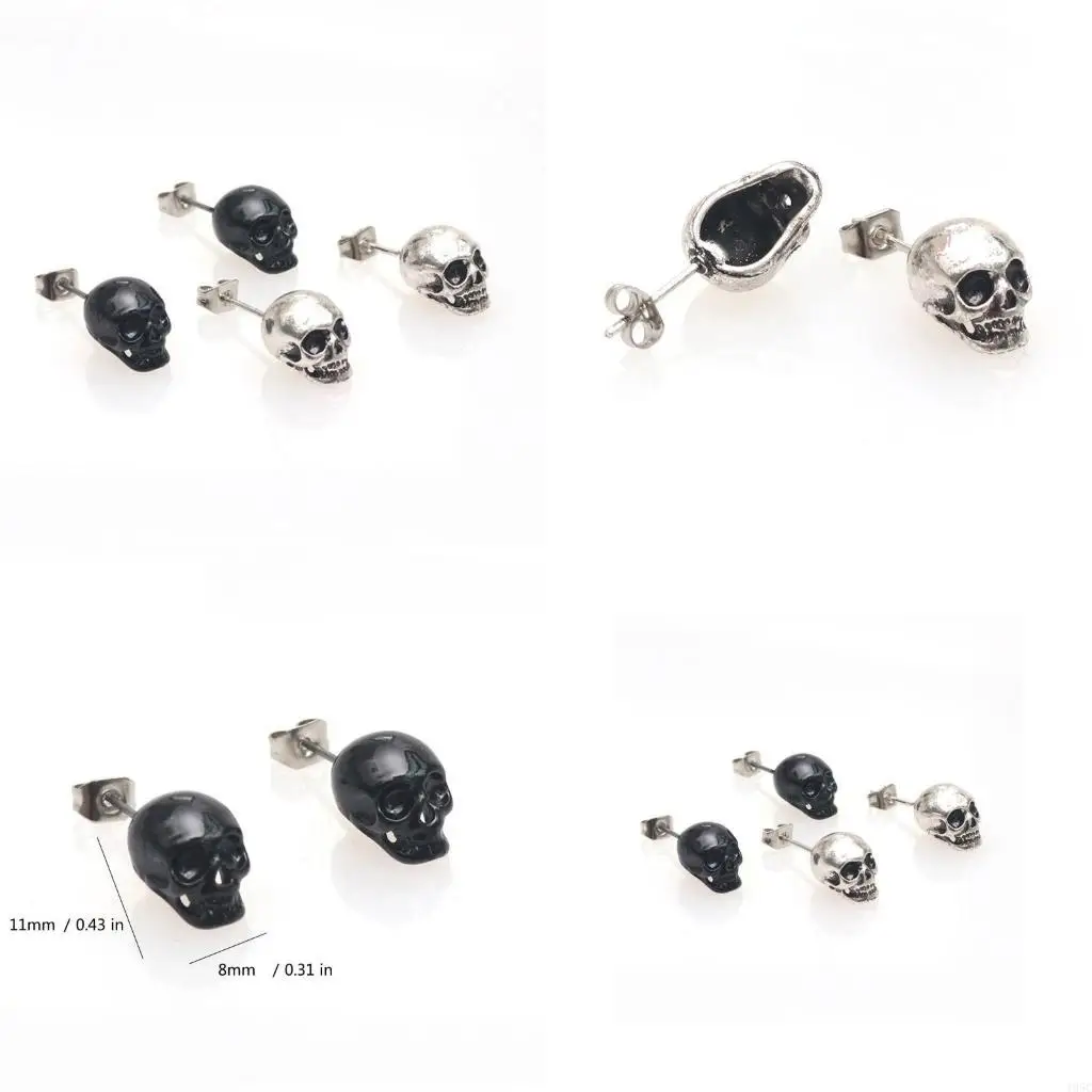 195C Vintage Skull for Head Post Earring 3D Skull for Head Hip-hop Ear All-