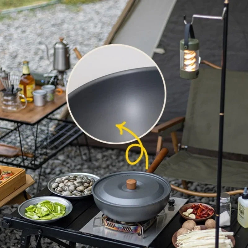 Outdoor Aluminum Alloy Frying Pan Solid Wood Handle Portable Camping Picnic Pot Detachable Handle Household Frying Pan