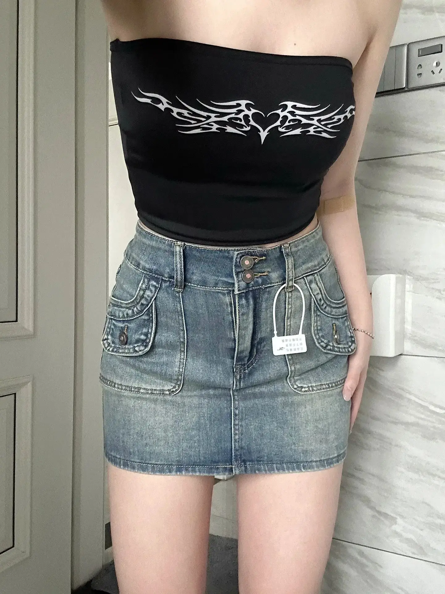 

Джинсовая юбка с высокой талией для женщин больших размеров, утягивающая, А-силуэт, короткая, облегающая, летняя, модная, повседневная, однотонная