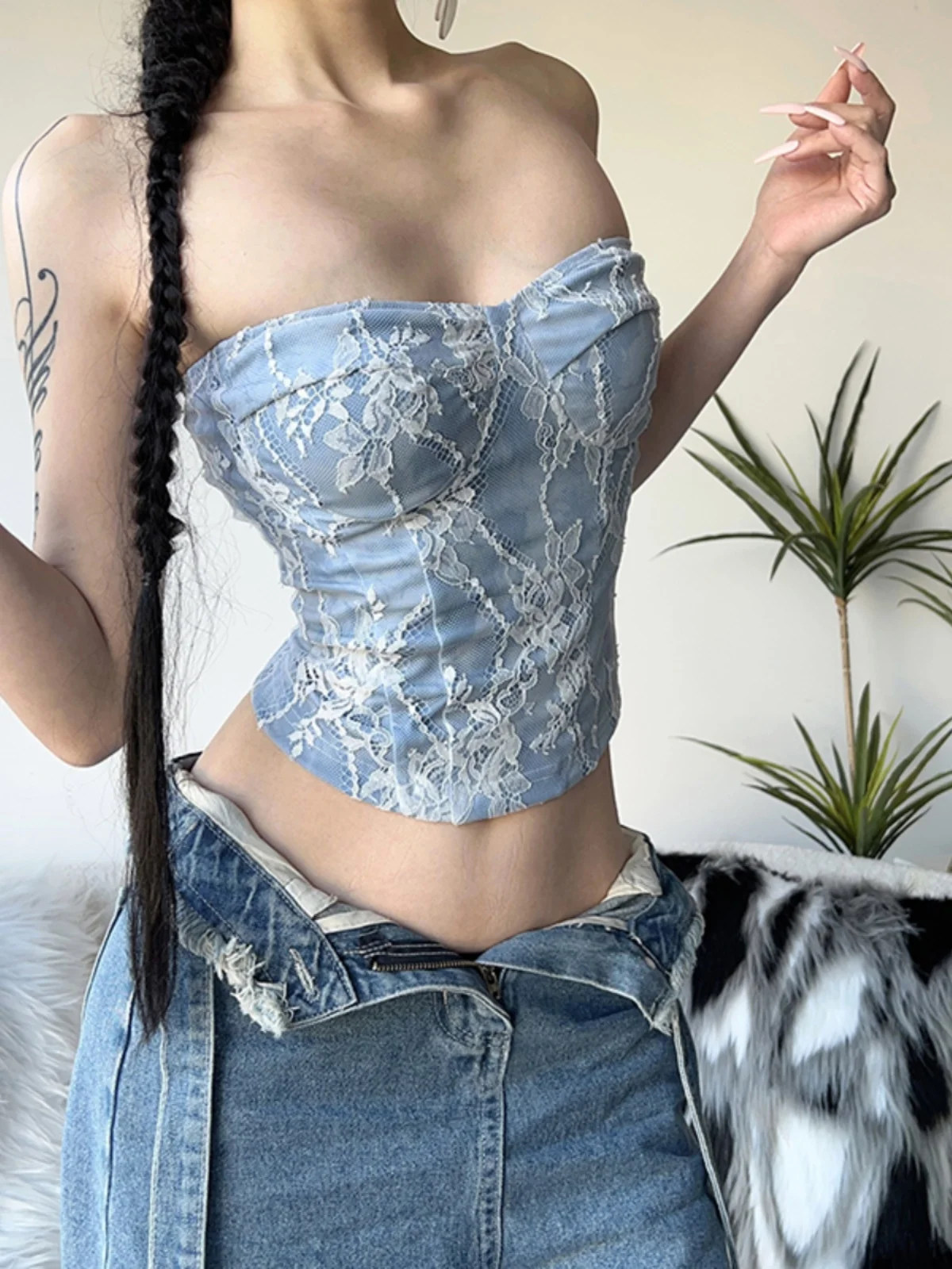 WEIRD PUSS Blue Lace Splice Tube Top Women's Irregular Slim Fit ort irt Street Sle Polyester Spandex Blend