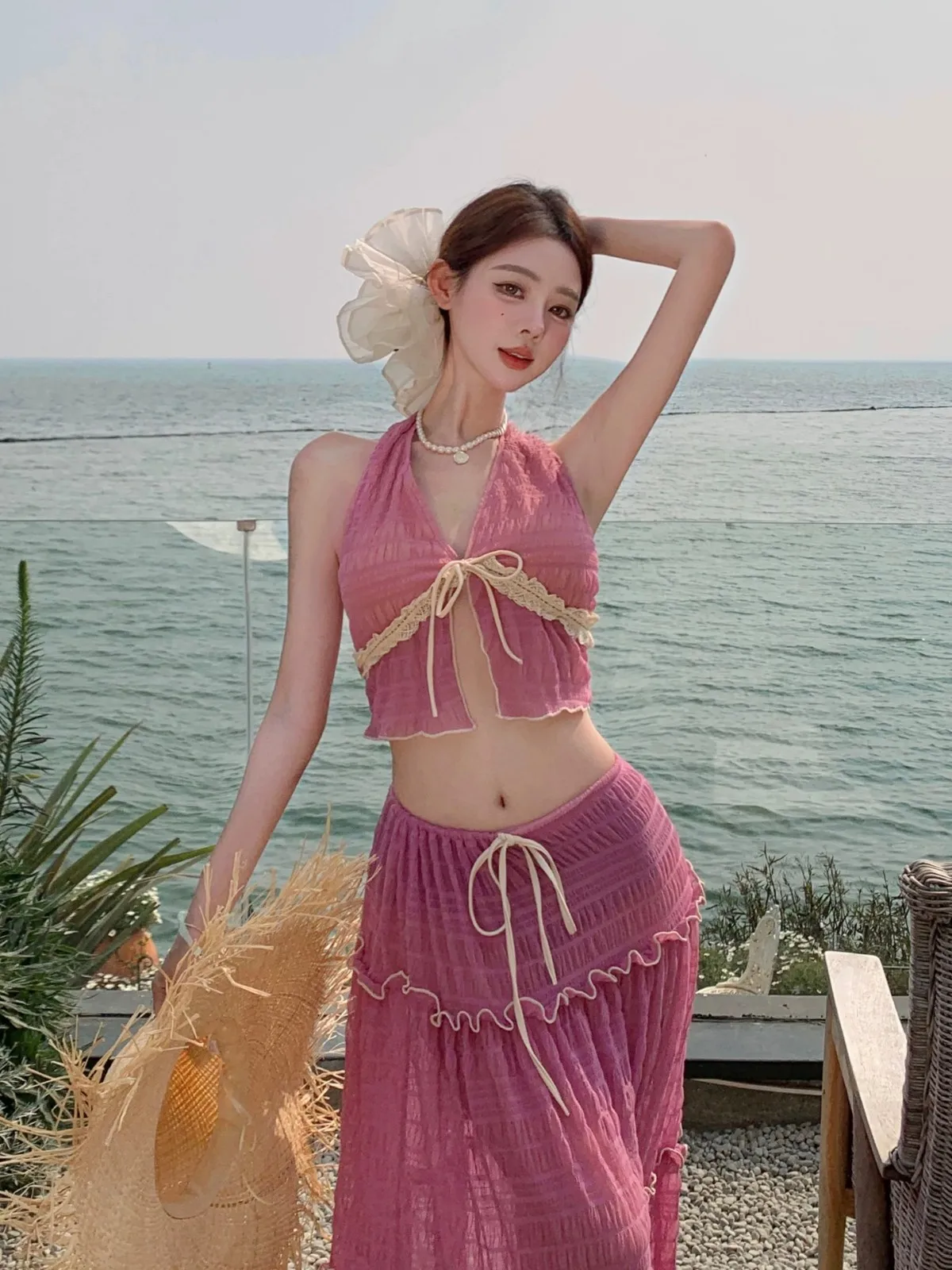sexy lace patchwork halter vest bikinis sets 3pcs with wrinkled long skirt sweet swimsuits swimwear biquini tankini trikini view 3