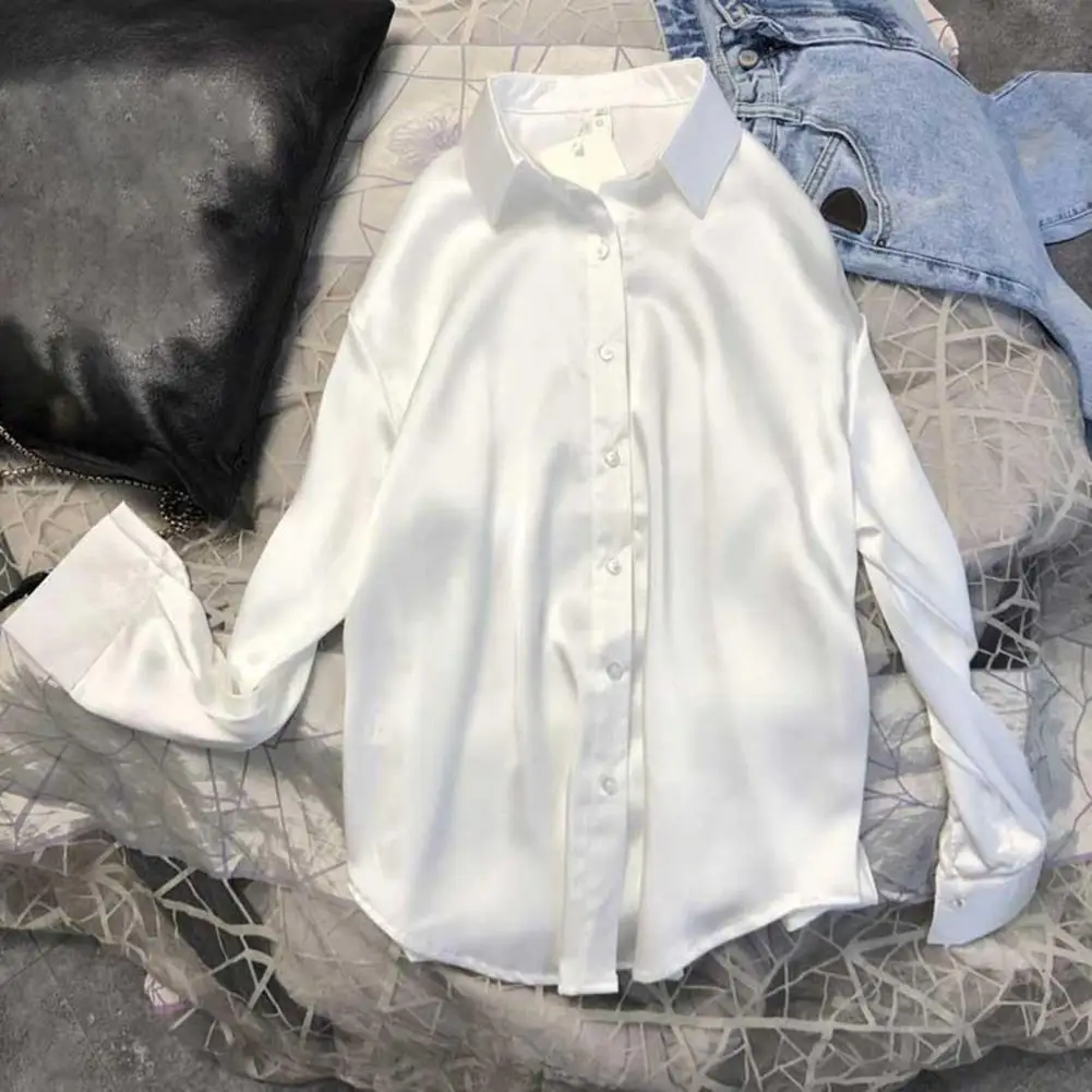 

Button-up Top Solid Color Blouse Lapel Long Sleeve Women's Shirt Smooth Material Solid Color Buttons Down Mid-length Commuting