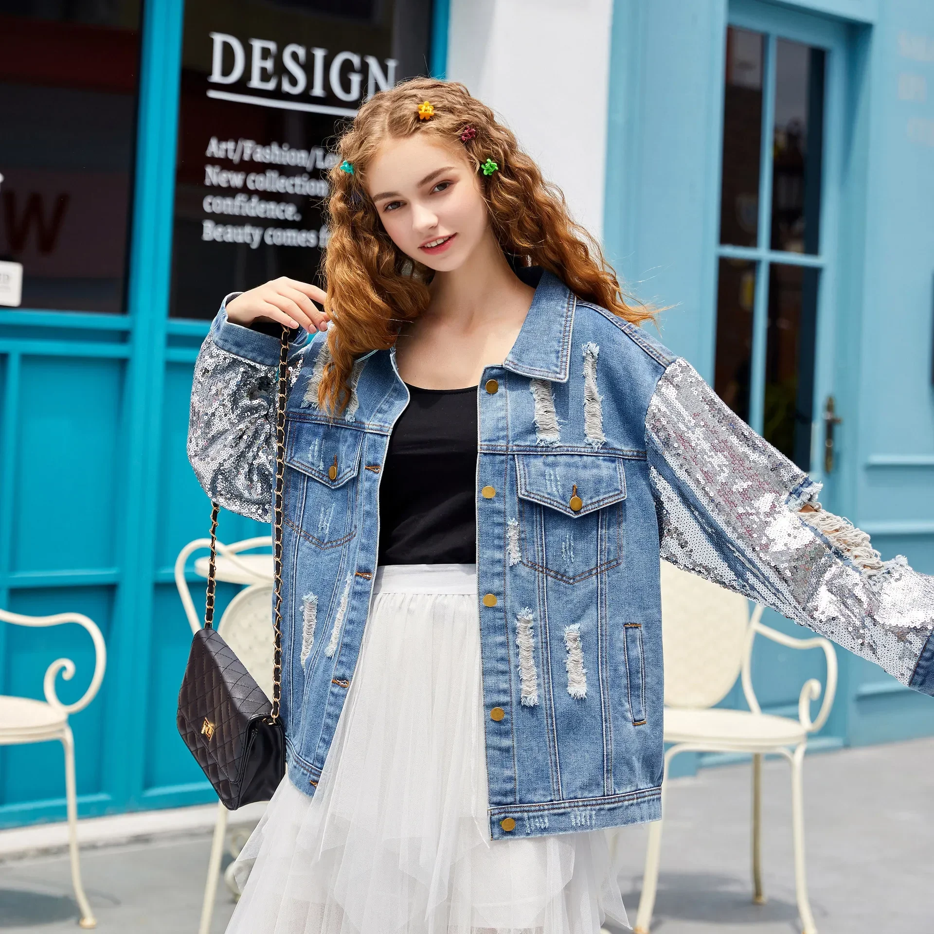 Spring 2026 New Casual Women's Sequins Hole Denim Jacket Vintage Harajuku Blue Casual Jeans Jacket Chaqueta Mujer Streetwear