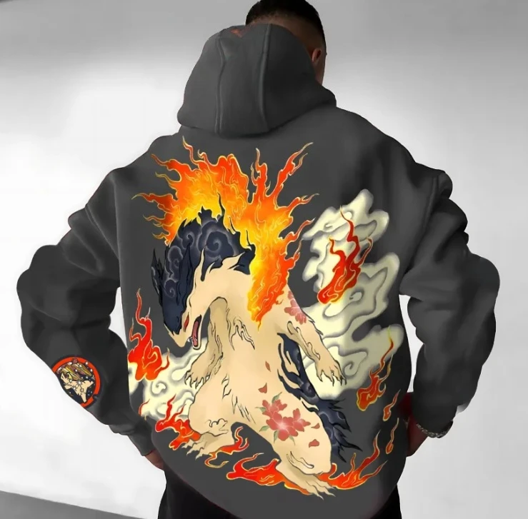 Men's hooded sweatshirt street style autumn and winter25 casual wear pure cotton printing flame dragon pattern loose casual wear