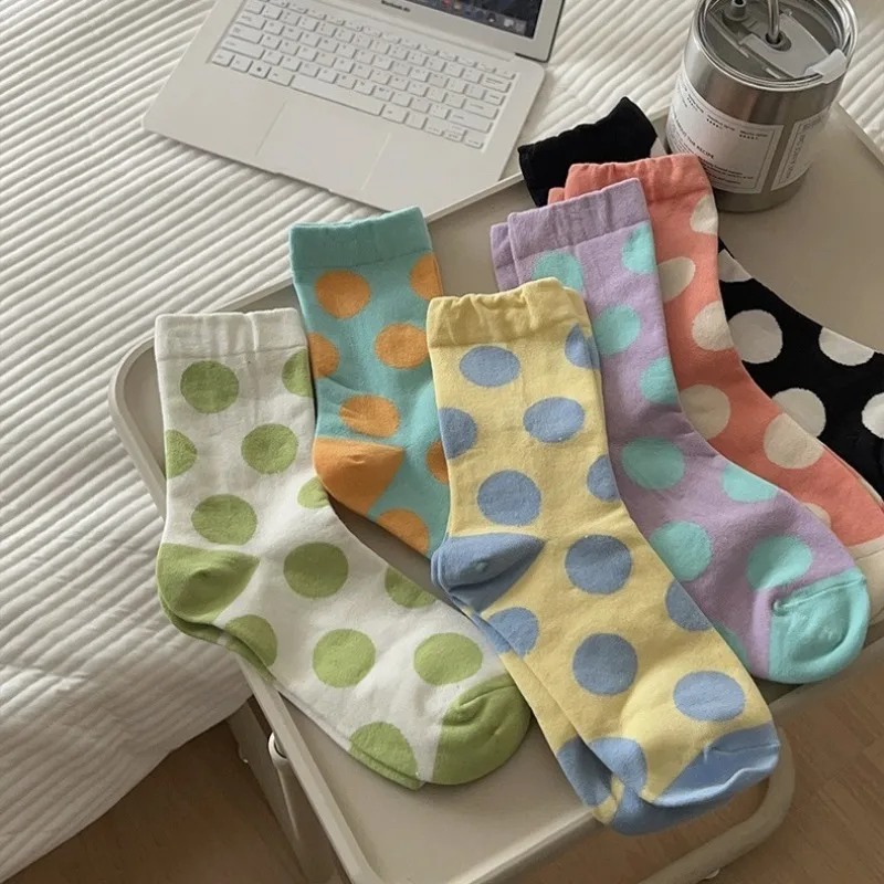 

6 pairs Colorful polka dot socks women fashion spring summer mid length socks polka dots casual comfortable stacking socks