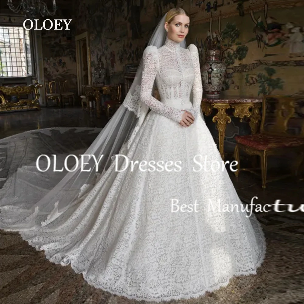 

OLOEY Luxury Lace A Line Wedding Dress High Neck Puff Full Sleeve Bridal Gown Ivory Floor Length Button Custom Vestidos De Novia